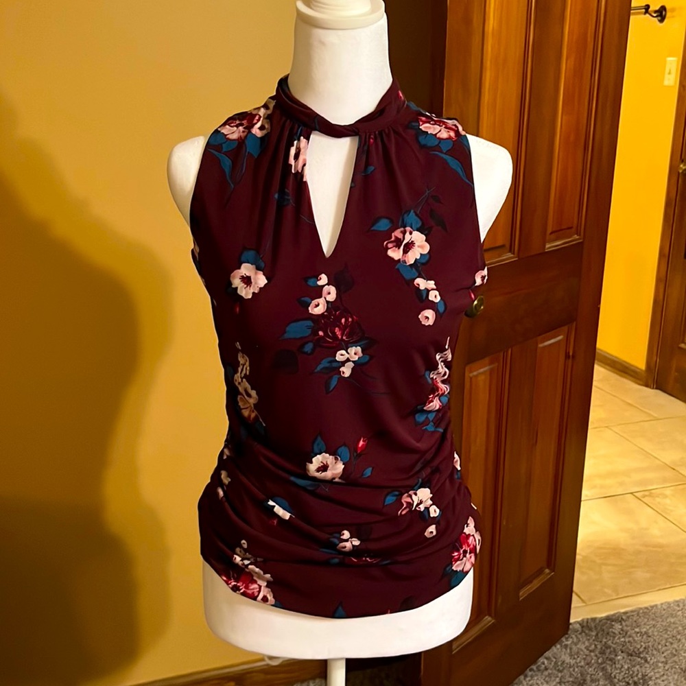 WHBM top, deep burgundy with floral